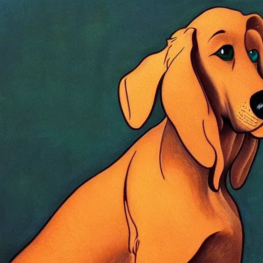 Prompt: extremely detailed beautiful hyperrealistic oil painting of Copper the hound from The fox and the hound (1981) film,painted by Leonardo DaVinci, close up