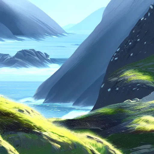 Image similar to the mountains of mourne in ireland sweeping down to the sea, highly detailed, digital painting, concept art, sharp focus, by makoto shinkai