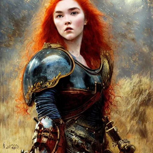 Prompt: young redheaded florence pugh, wearing dark black ornamented medieval armour, detailed, by gaston bussiere, bayard wu, greg rutkowski, giger, maxim verehin, greg rutkowski, masterpiece, sharp focus,