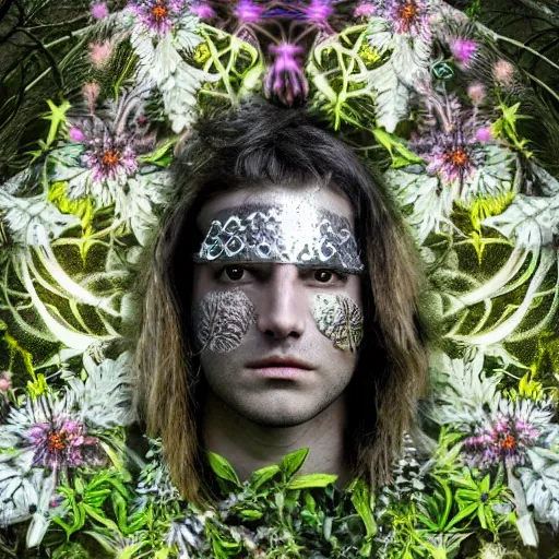 Prompt: a male knight, stern face, clear eyes, in a dark forest, shining armour made of steel and flowers, and fractal flowery hair in a fractal garden, glowing delicate flower, berries and ferns that grow in a dark fantasy forest, clear face, peaceful face, half figure shot,