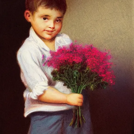 Prompt: a young boy is holding a bouquet of flowers, a pastel by bourgeois, pixabay, art & language, stockphoto