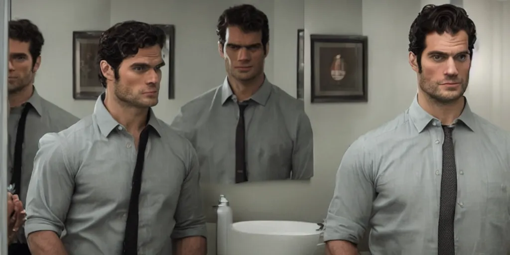 Image similar to ultra wide angle photo of henry cavill dressed in a a green flannel shirt and black dress pants as clark kent looking at himself in a bathroom mirror and seeing his reflection as superman