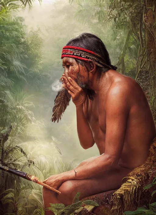 Image similar to a beautiful portrait of an indigenous man sitting in the jungle, surrounded by smoke, smoking a pipe, praying with tobacco, mysterious atmosphere, fantasy art, matte painting, highly detailed