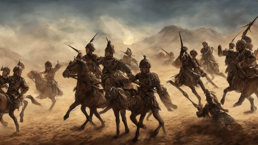 Prompt: Sogdian soldiers fighting Chinese imperial soldiers in a sandy desert with no monuments, volumetric lighting, beautiful scenery, realistic painting effect, hd, hdr, cinematic 4k wallpaper, 8k, ultra detailed, high resolution, artstation, early medieval