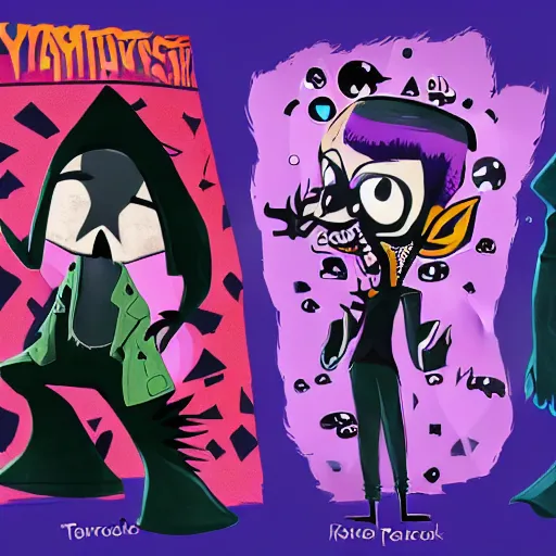 Prompt: psychic punk rocker vampiric electrifying rockstar with vampire squid head concept character designs of various shapes and sizes by genndy tartakovsky and splatoon by nintendo and the psychonauts franchise by doublefine tim shafer artists as well as the artist for the haunted mansion ride characters for the new hotel transylvania film