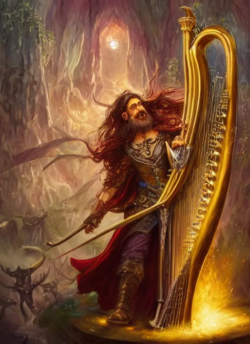 Image similar to bard playing the harp, ultra detailed fantasy, dndbeyond, bright, colourful, realistic, dnd character portrait, full body, pathfinder, pinterest, art by ralph horsley, dnd, rpg, lotr game design fanart by concept art, behance hd, artstation, deviantart, hdr render in unreal engine 5