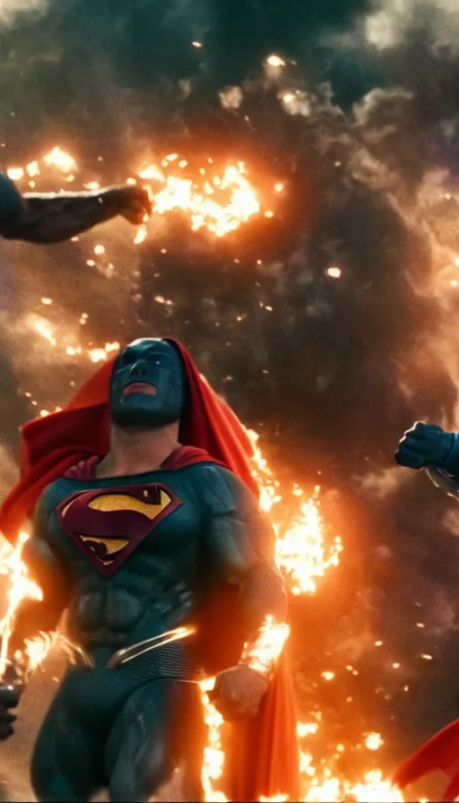 Prompt: ultrawide cinematic still of Darkseid fighting Superman in Zack Snyder's Justice League 2, 4k, 8k, film grain