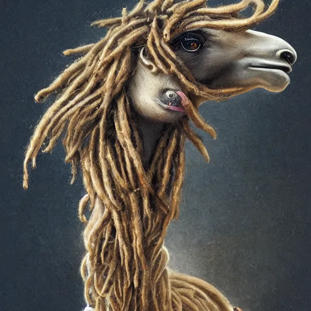 Prompt: llama with dreadlocks, by greg rutkowski, ernst haeckel, james jean