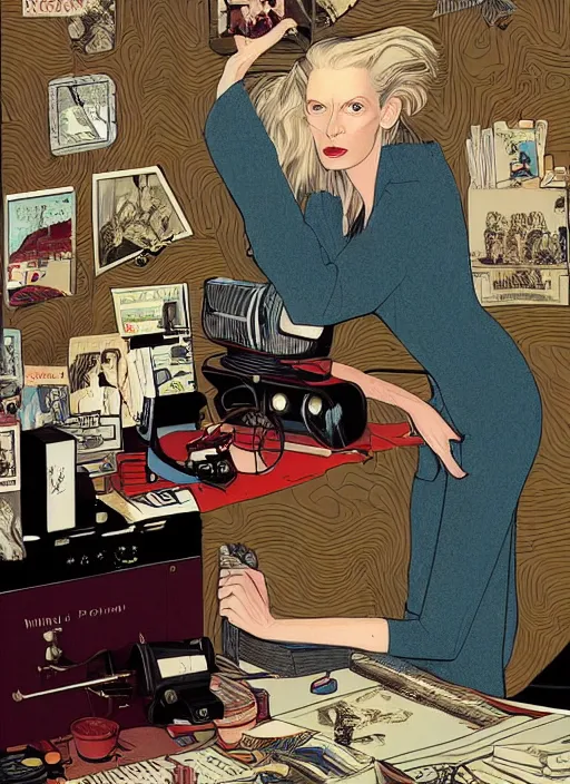 Image similar to Twin Peaks poster artwork by Michael Whelan, Bob Larkin and Tomer Hanuka, Karol Bak of portrait of radio host Tilda Swinton hanging out in her studio radio sound booth, from scene from Twin Peaks, simple illustration, domestic, nostalgic, from scene from Twin Peaks, clean, cover of New Yorker magazine, 1980s book cover, 1990s