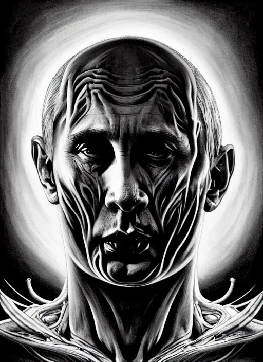 Image similar to a dream portrait of putin as god of the death, black & white, melting, webbing, 8 k, by tristan eaton, stanley artgerm, tom bagshaw, greg rutkowski, carne griffiths, ayami kojima, beksinski, giger, trending on deviantart, face enhance, hyper detailed, minimalist, horror, alien