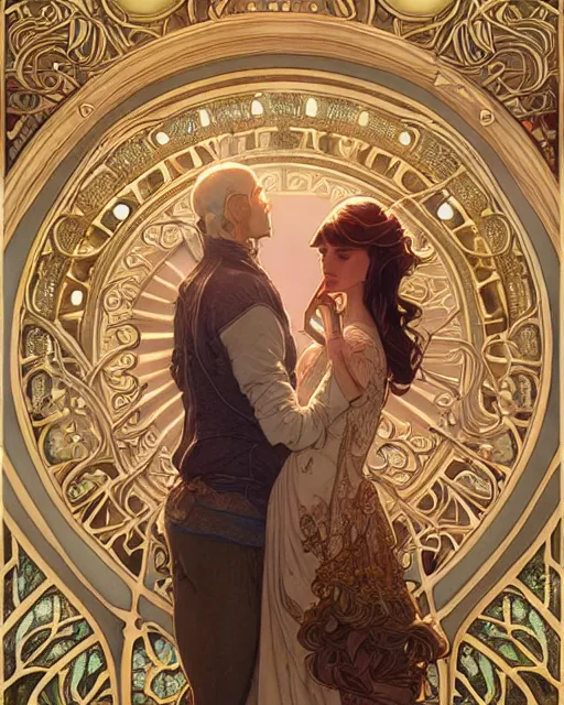 Image similar to secret romance, highly detailed, very intricate, art nouveau, gold filigree, romantic storybook fantasy, soft cinematic lighting, award - winning, disney concept art watercolor illustration by mandy jurgens and alphonse mucha and alena aenami, pastel color palette, featured on artstation