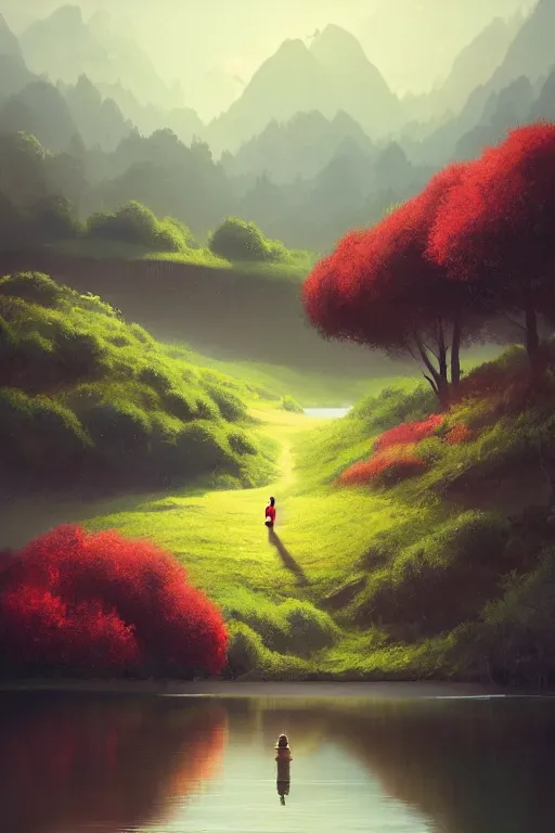 Image similar to beautiful matte painting by goro fujita whimsical art fantasy path mountains and meadow in the background near a lake reflecting the trees, atmospheric lighting, painted, intricate, volumetric lighting, beautiful, rich deep colors masterpiece, sharp focus, ultra detailed by