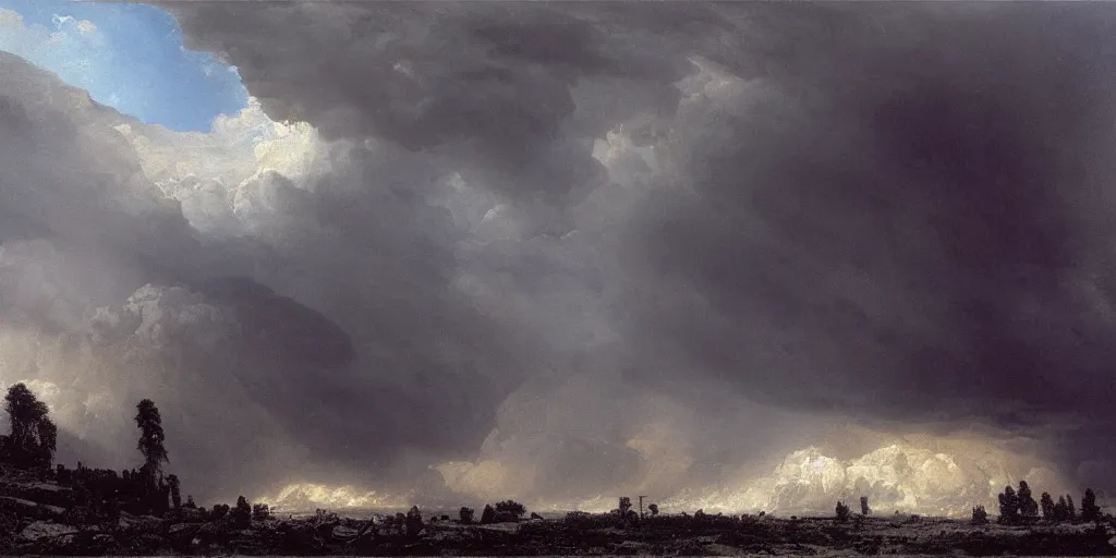 Image similar to an immense storm fills the sky, the ground shatters cataclysmicly, Ivan Shishkin and John Martin