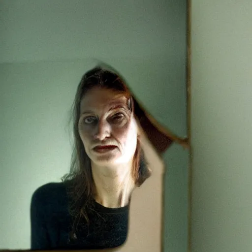 Image similar to woman looking herself in a broken mirror, close, detailed, by annie leibovitz, photography