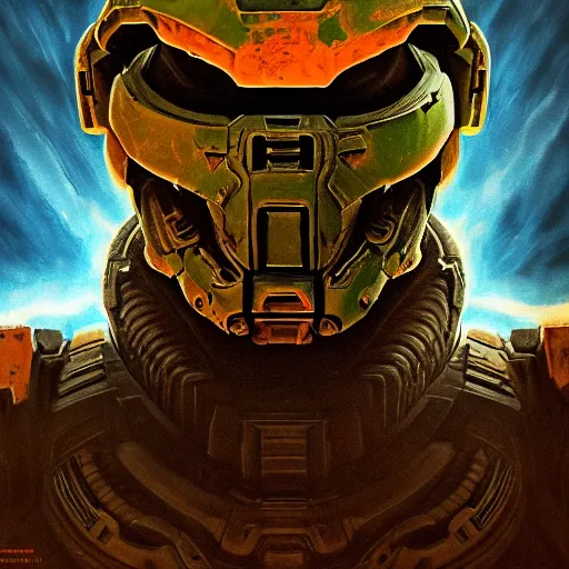 Image similar to doom guy from doom eternal in the halo universe, artstation hall of fame gallery, editors choice, #1 digital painting of all time, most beautiful image ever created, emotionally evocative, greatest art ever made, lifetime achievement magnum opus masterpiece, the most amazing breathtaking image with the deepest message ever painted, a thing of beauty beyond imagination or words, 4k, highly detailed, cinematic lighting