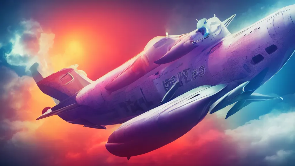 Image similar to sneaker with elements and details of plane and mechanics with futuristic colorfull background, cinematic lighting, light fog, render