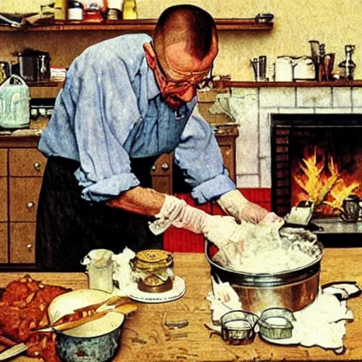 Prompt: Walter white cooking, Norman Rockwell