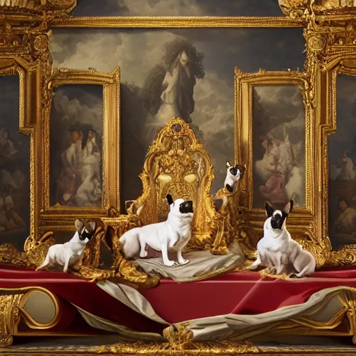 Image similar to 8k highly detailed oil matte painting in the style of Charles Landelle of A French Bulldog Louis XIV, decadent throne room, the other animals prostrate themselves before the throne, French architecture