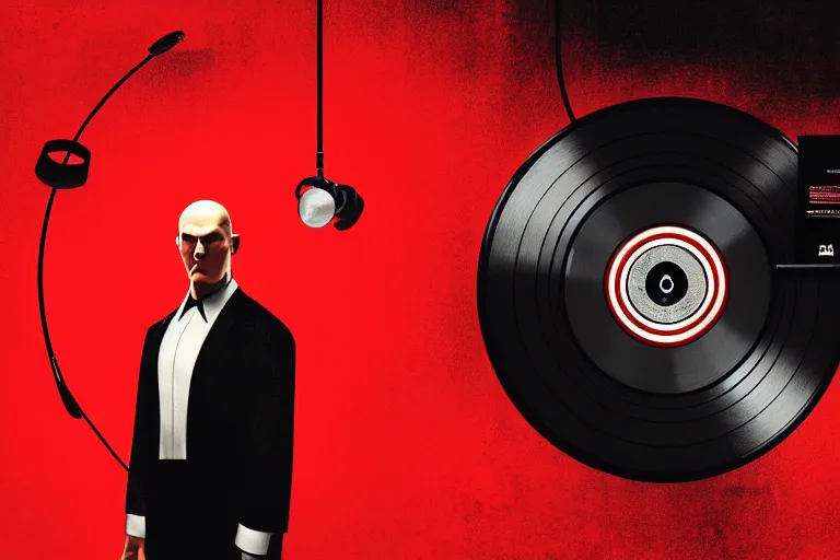 Image similar to a portrait of agent 4 7 from hitman wearing headphones and putting a vinyl record onto a turntable, dark background, red rim light, digital art, artstation, concept art by giger stalenhag