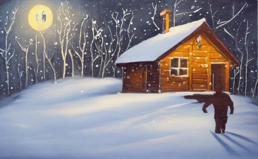 Prompt: snowy very dark night scene depicting a single wooden cabin surrounded by the woods with one bright window. a man running away from it leaving footprints in snow. oil painting.