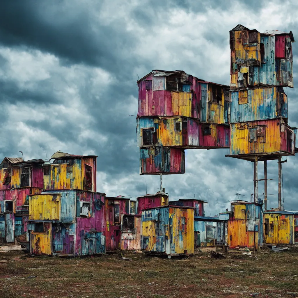 Prompt: close - up towers made up of colourful makeshift squatter shacks, bleached colours, dramatic cloudy sky, dystopia, mamiya, very detailed, ultra sharp, photographed by john chiara