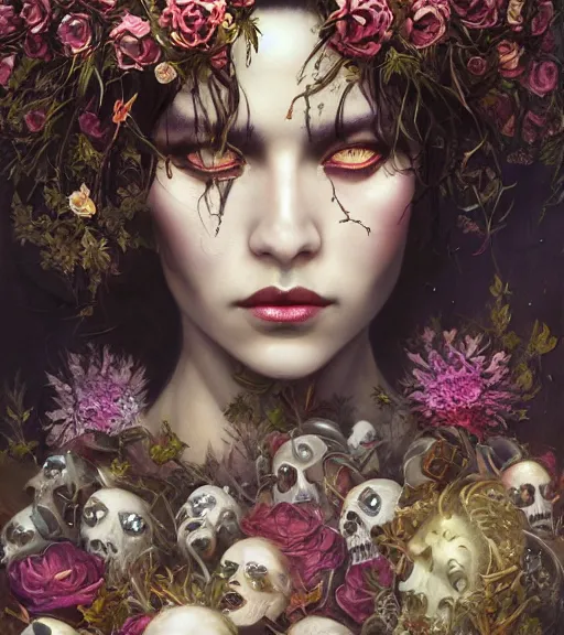 Image similar to portrait of the supreme queen of the dark cult, surrounded by skulls and overgrowth and dark flowers by WLOP, karol bak, James Jean, tom bagshaw, rococo, trending on artstation, cinematic lighting, hyper realism, octane render, 8k, hyper detailed.