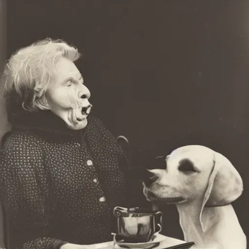 Image similar to an absurdist image of an old woman swallowing a dog