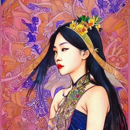 Prompt: Watercolor painting style, beautiful Thai girl by kittichai rueangchaichan, floralpunk, Artstation, art nouveau aesthetic, Alphonse Mucha background, intricate details, photo realistic, dramatic