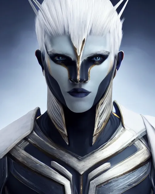 Image similar to perfect white haired egyptian male god, brute, warframe armor, beautiful, symmetric, dreamy, half african, black salamander eyes, charlize theron, detailed, scifi platform, laboratory, experiment, 4 k, ultra realistic, epic lighting, android body, illuminated, cinematic, masterpiece, art by akihito tsukushi, voidstar