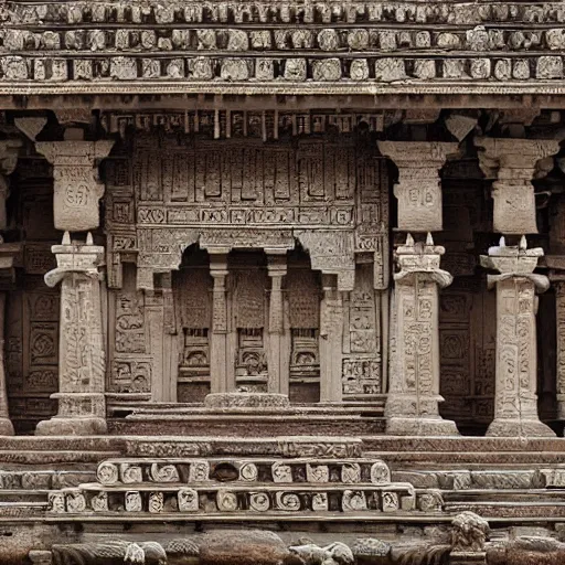 Prompt: 4 k unreal engine render of an ancient never seen before indian high detail temple. complex architecture with intricate pilars. high detailed water. flowers