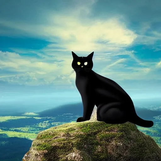 Prompt: a black cat sitting on top of a mountain enjoying the view, stunning digital art