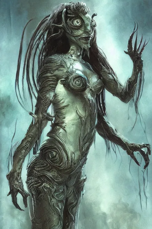 Image similar to beautiful siren, deceptive monster, creature concept art, weta studios, Guillermo Del Toro, pans labyrinth