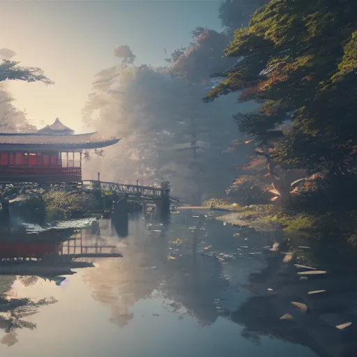 Image similar to japan, 8 k uhd, unreal engine, reflected chrome, octane render in the artstyle of greg rutkowski