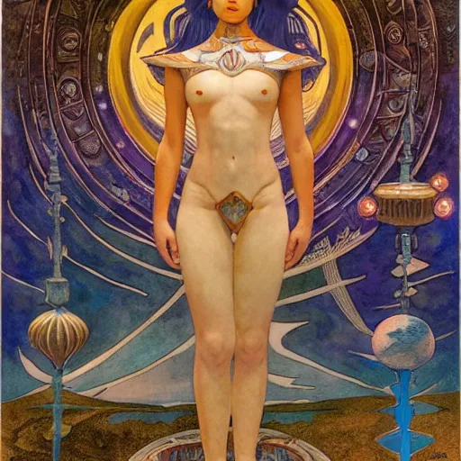 Image similar to queen of the moon with her lantern and regalia, by donato giancola and nicholas roerich, and diego rivera, and leo and diane dillon, symbolist, tattoos, dramatic lighting, elaborate geometric ornament, art brut, god rays, soft cool colors, smooth, sharp focus, extremely detailed