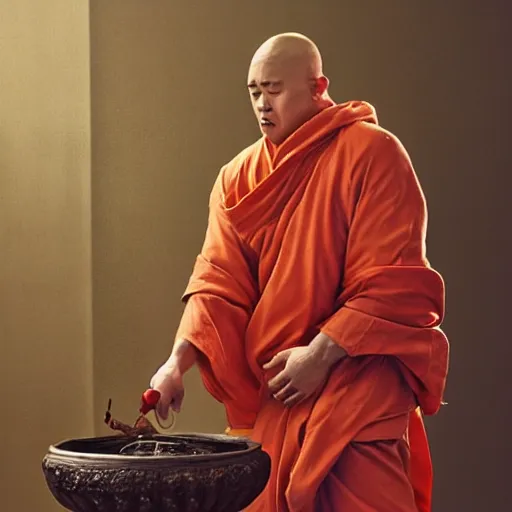 Image similar to cow bodybuilder wearing a monk robes holding incense burner. natural lighting by ruan jia, portrait