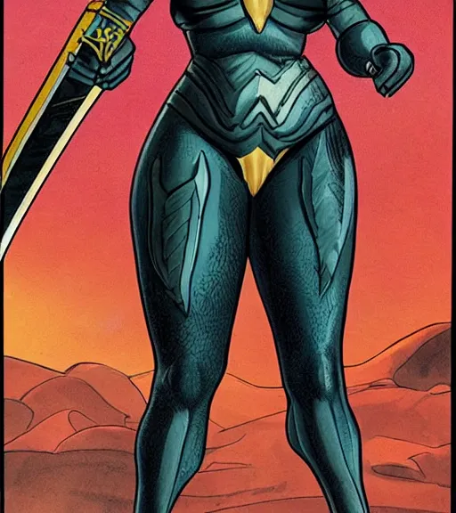 Image similar to 1 9 8 0 s fantasy novel book cover, bbw plus size amazonian gal gadot in extremely tight bikini armor wielding a cartoonishly large sword, exaggerated body features, dark and smoky background, low quality print