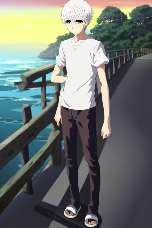 Prompt: anime art full body portrait character concept art, anime key visual of young male warror, platinum blonde straight bangs and large eyes, finely detailed perfect face delicate features directed gaze, standing on a bridge during sunset, trending on pixiv fanbox, studio ghibli, extremely high quality artwork