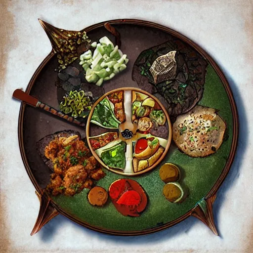 Image similar to a plate of unusual elven cuisine, rpg item, fantasy concept art