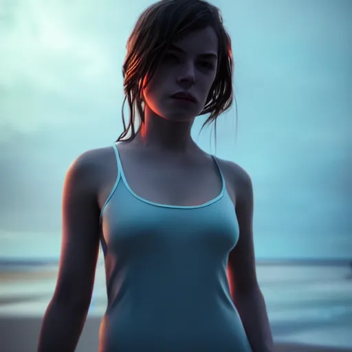 Image similar to a photorealistic hyperrealistic, sonya blaze, girl on the beach, beautiful dynamic dramatic low - light moody lighting, cinematic atmosphere, artstation, concept design art, octane render, 8 k