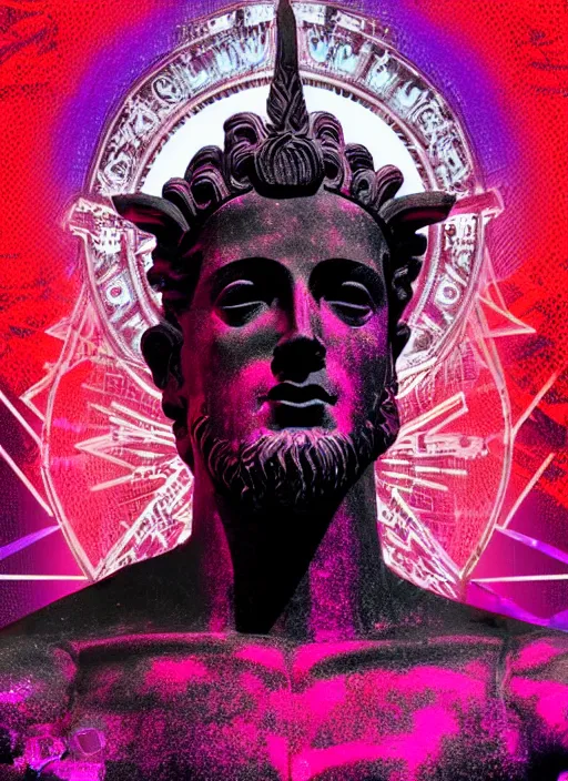 Image similar to black background!!!!!!!!!, with subtle red and purple design elements, statue of zeus, nekro, graphic design, collage art, thin lines, dark, glitch art, neo vaporwave, gritty, layout frame, square, trending on artstation