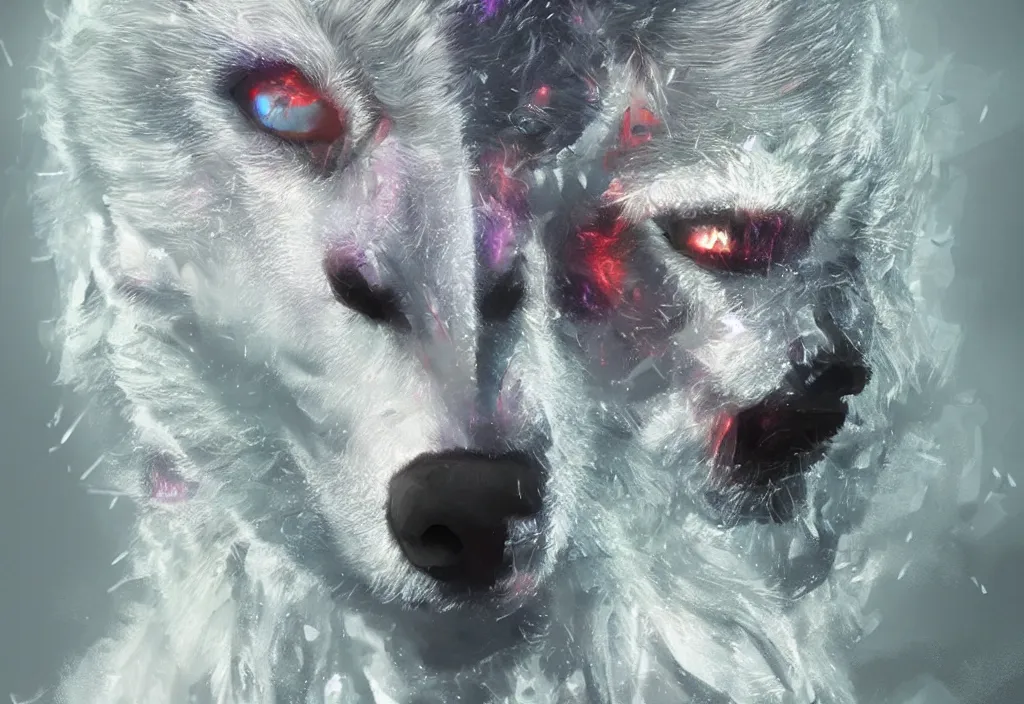 Prompt: a man morphing into a white wolf, artstation, high detail, colorful lighting