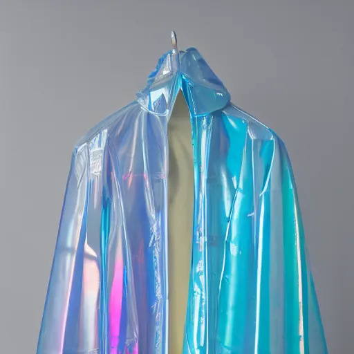 Prompt: an ultra high definition professional studio quality photograph of a transparent iridescent perspex pastel coloured combined raincoat and tent on a coat hook in an empty white room. dramatic lighting, ray tracing, refraction, shallow d. o. f, colour corrected, golden ratio, three point light. volumetric shadows. light rays.