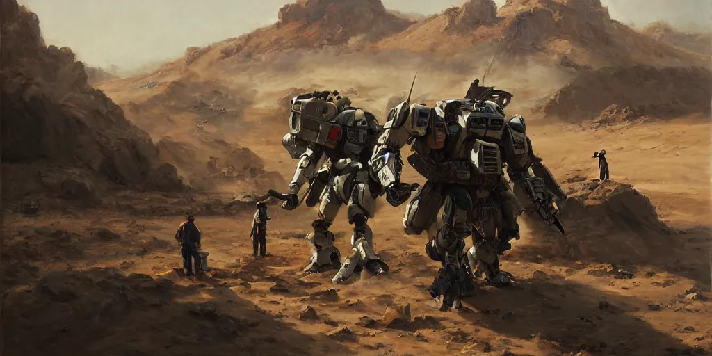 Prompt: people repairing a Zaku II Gundam broken down in a desert environment, by ruan jia, oil painting, visible brushstrokes