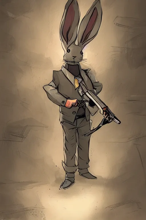 Image similar to rabbit as a hitman, dynamic lighting, fantasy concept art, trending on art station, stunning visuals, creative, cinematic, ultra detailed, comic strip style