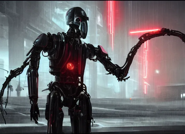 Image similar to 3 5 mm portrait photo of ( general grievous )!! with heavy duty biomechanical cybernetic body with 4 arms holding red lightsabers in the city in the rain. cyberpunk horror in the style of george lucas. unreal engine render with nanite and path tracing.