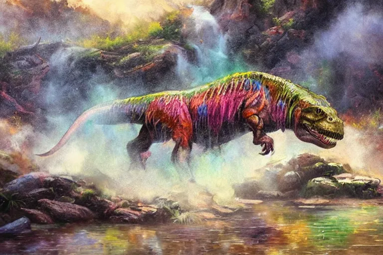 Image similar to highly detailed oil painting of a tyrannosaurus rex in a steaming colorful hotspring stream, featured on artstation