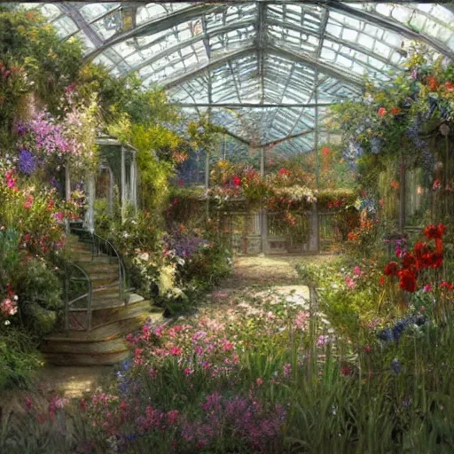 Image similar to a beautifull intricate greenhouse with many flowers, reflexions, high details by william turner art, greg rutkowski and alphonse mucha, trending on artstation, very very detailed, masterpiece,