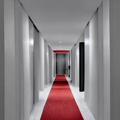 Image similar to an all white hotel hallways with a red door at the end, liminal space,