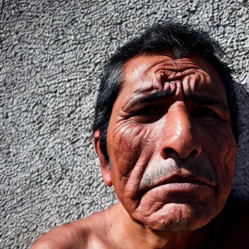 Prompt: A worried Mexican man in his late 40s, with brown skin, dark hair, brown eyes, few wrinkles, skin pores, face is covered with volcanic dust. Black dusty background. Documentary photo. Beautiful photo. Sigma 40mm f/1.4 DG HSM