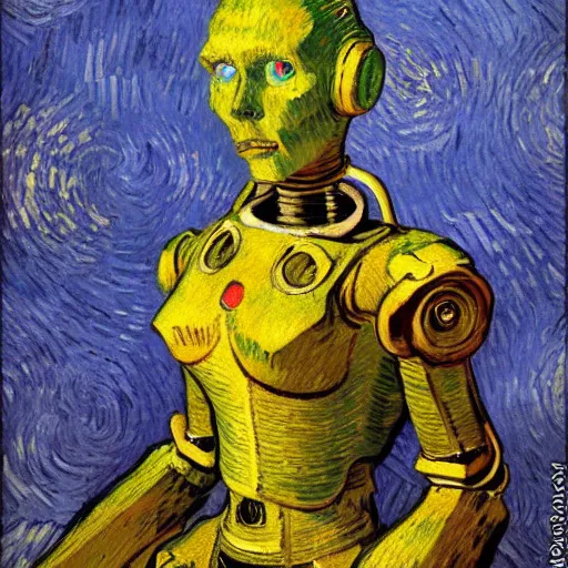 Image similar to portrait of a robot by van gogh in the style of greg rutkowski